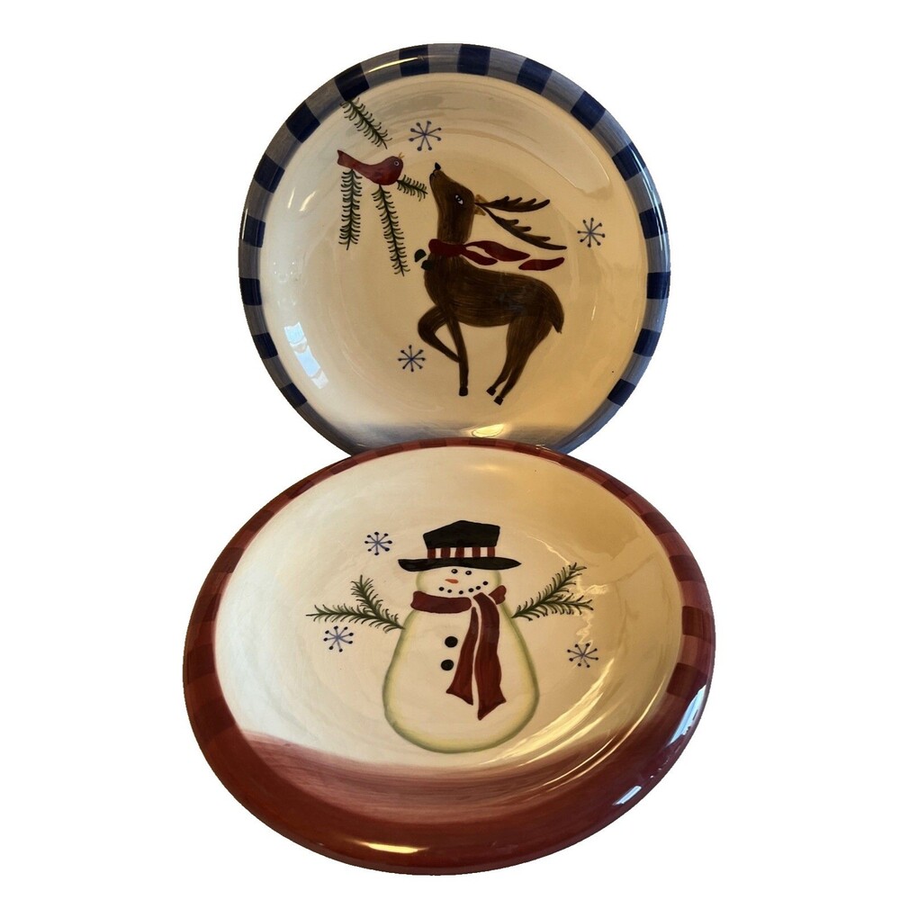 Royal Seasons Christmas Salad Cookie Plates Red Snowman & Blue Deer Set Of 2